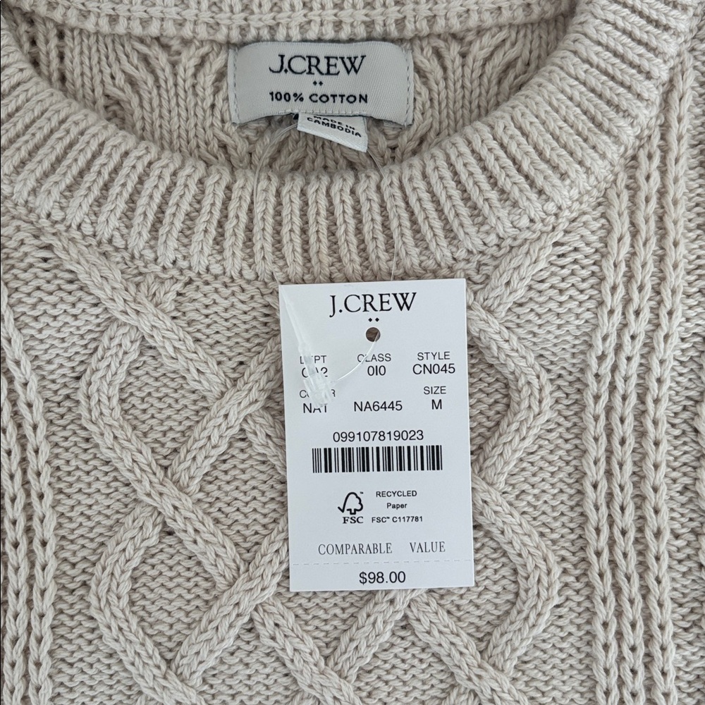 J Crew Women’s Medium 100 % Cotton Fisherman’s Sweater Beige NWT - Picture 7 of 9